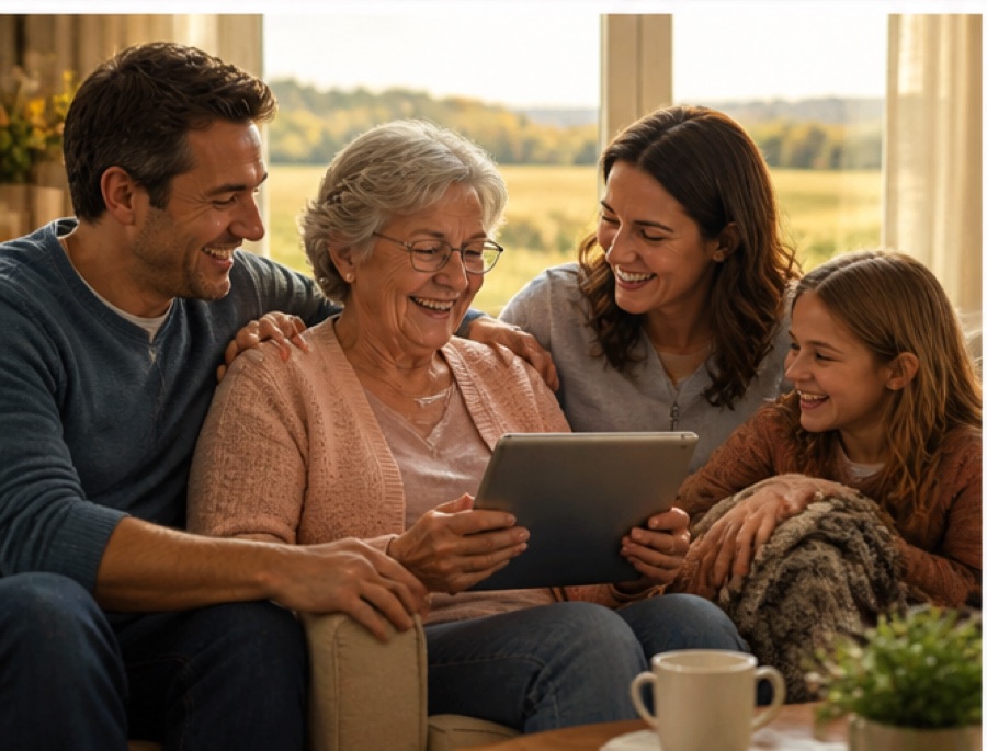A grandparent and grandchild sharing a moment on a tablet